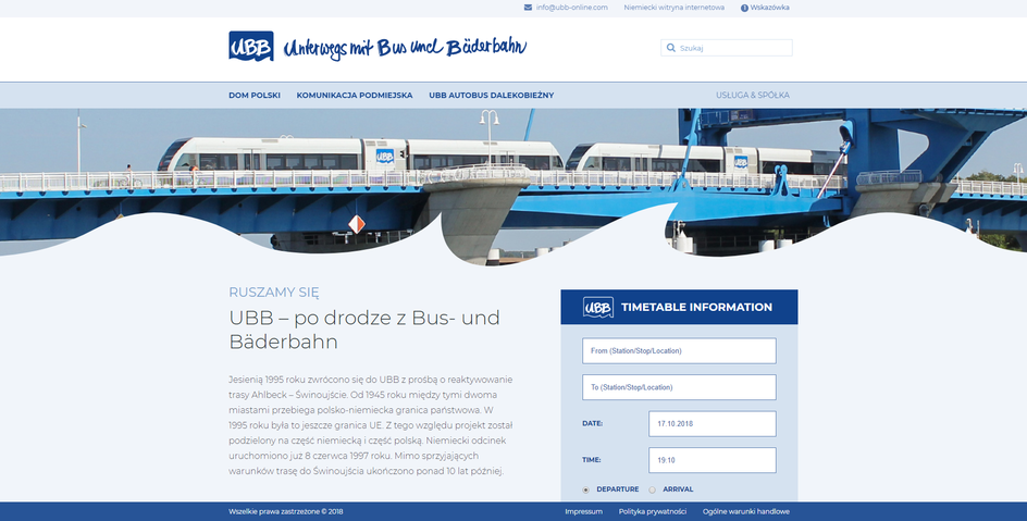 Zrzut ekranu strony Usedomer Bäderbahn